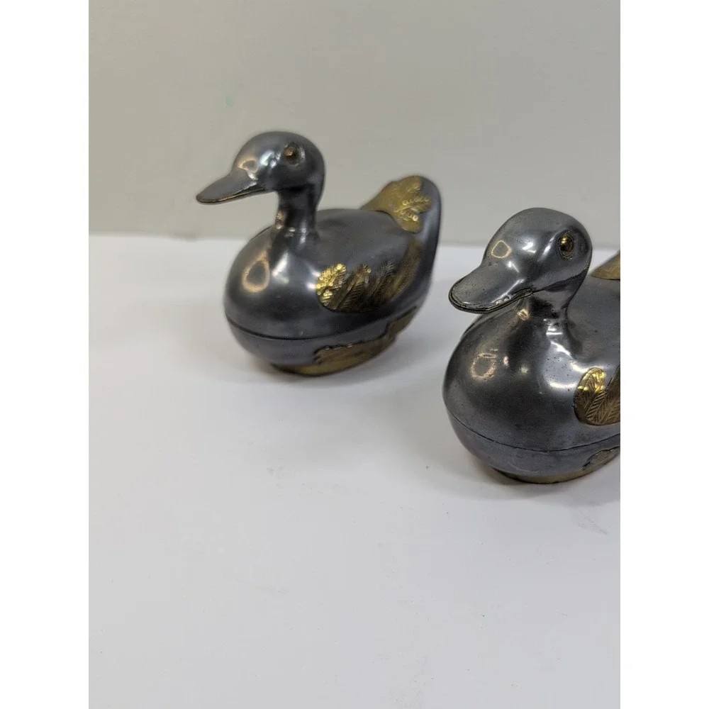 Pair of‎ Small Chinese Metal Pewter Duck Covered Dish Container